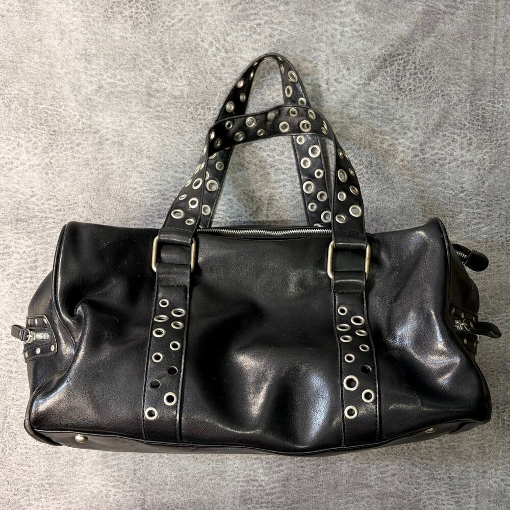 Black Faux Leather Grommet Duffel Bag